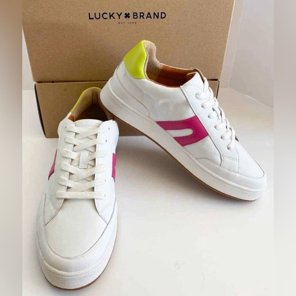 Lucky Brand White Sneakers with Pink and Yellow Accents Y2K pop punk retro